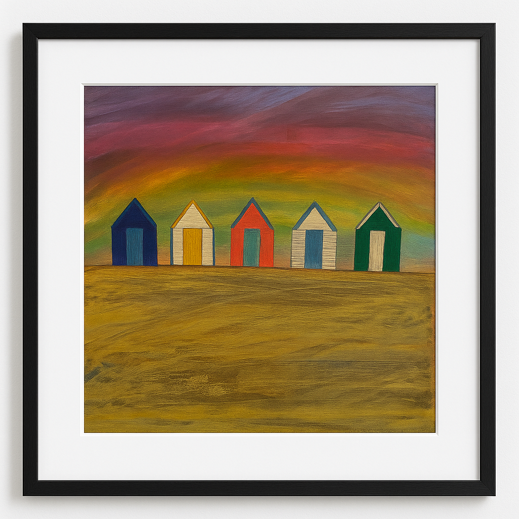 Contemporary colourful wall art by Yurmaze featuring minimalist beach huts in a coastal-inspired landscape