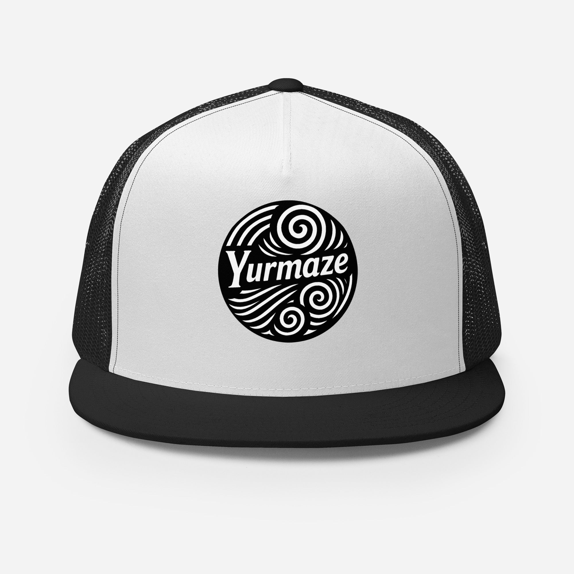 Yurmaze Classic Trucker Cap up close with original spiral artwork, five-panel high-profile design, flat bill, snapback closure, and comfortable fabric blend – wearable art for creative style.
