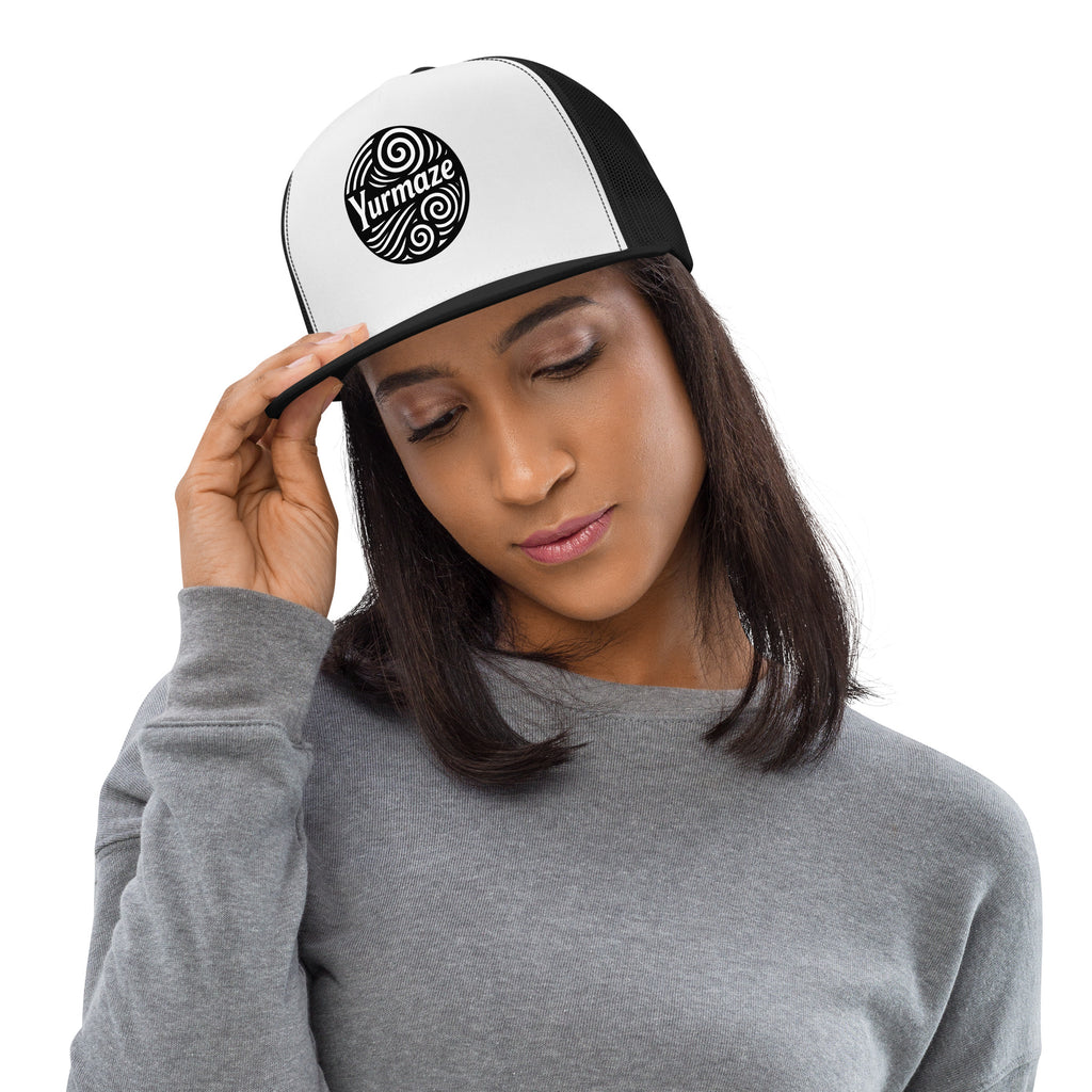 Female model of Yurmaze Classic Trucker Cap with original spiral artwork, five-panel high-profile design, flat bill, snapback closure, and comfortable fabric blend – wearable art for creative style.