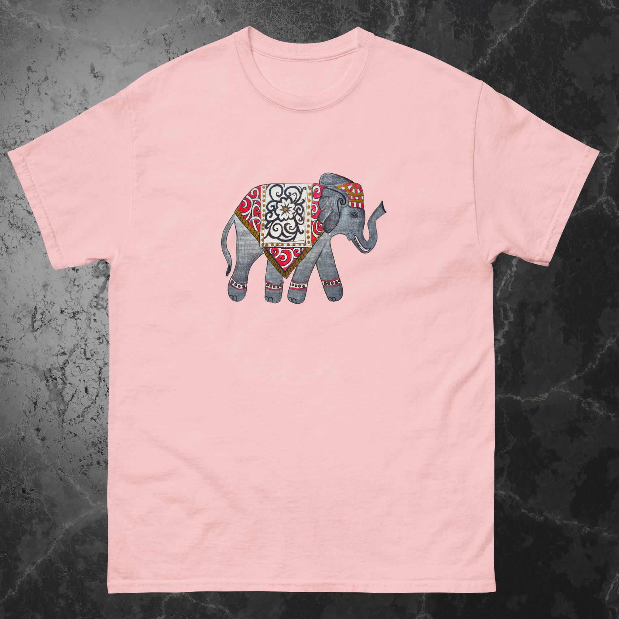 Soft pink custom printed t-shirt featuring a detailed elephant design by Yurmaze, with option for personalised t-shirt printing and customisation.