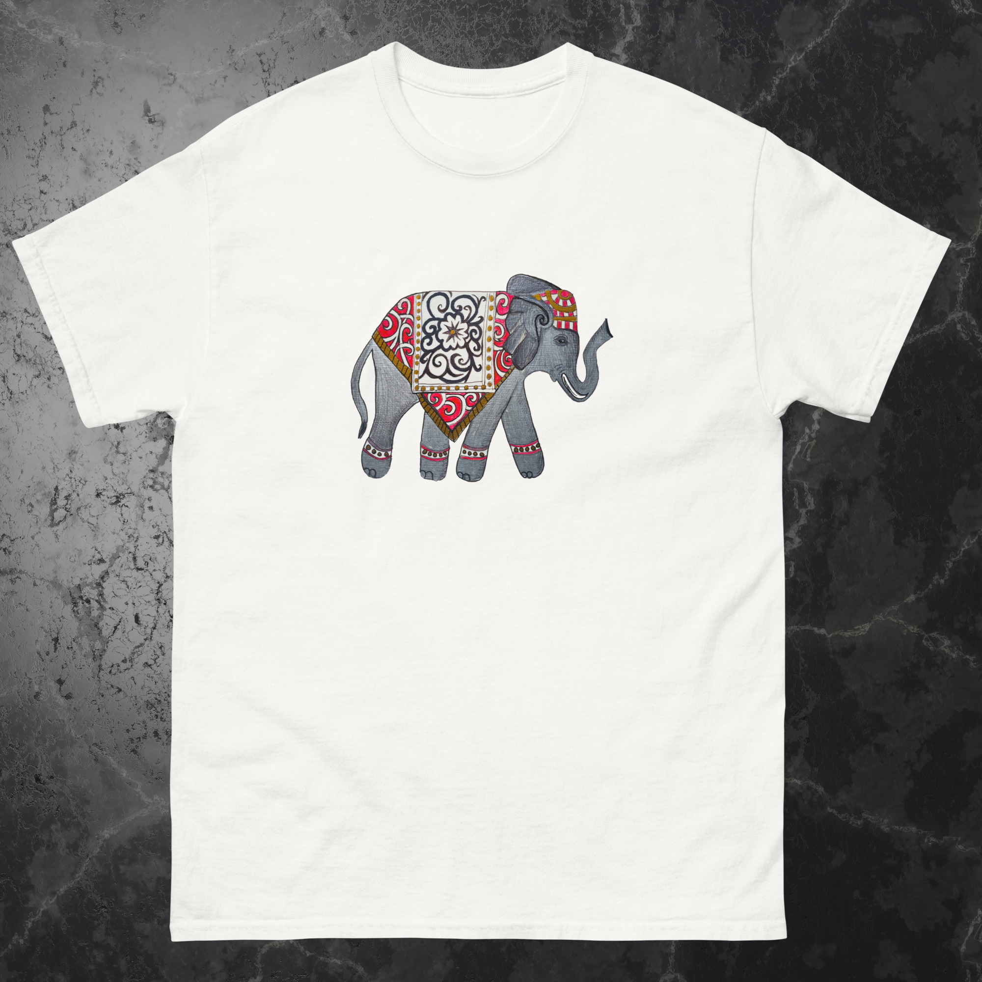 White custom printed t-shirt featuring a detailed elephant design by Yurmaze, with option for personalised t-shirt printing and customisation.