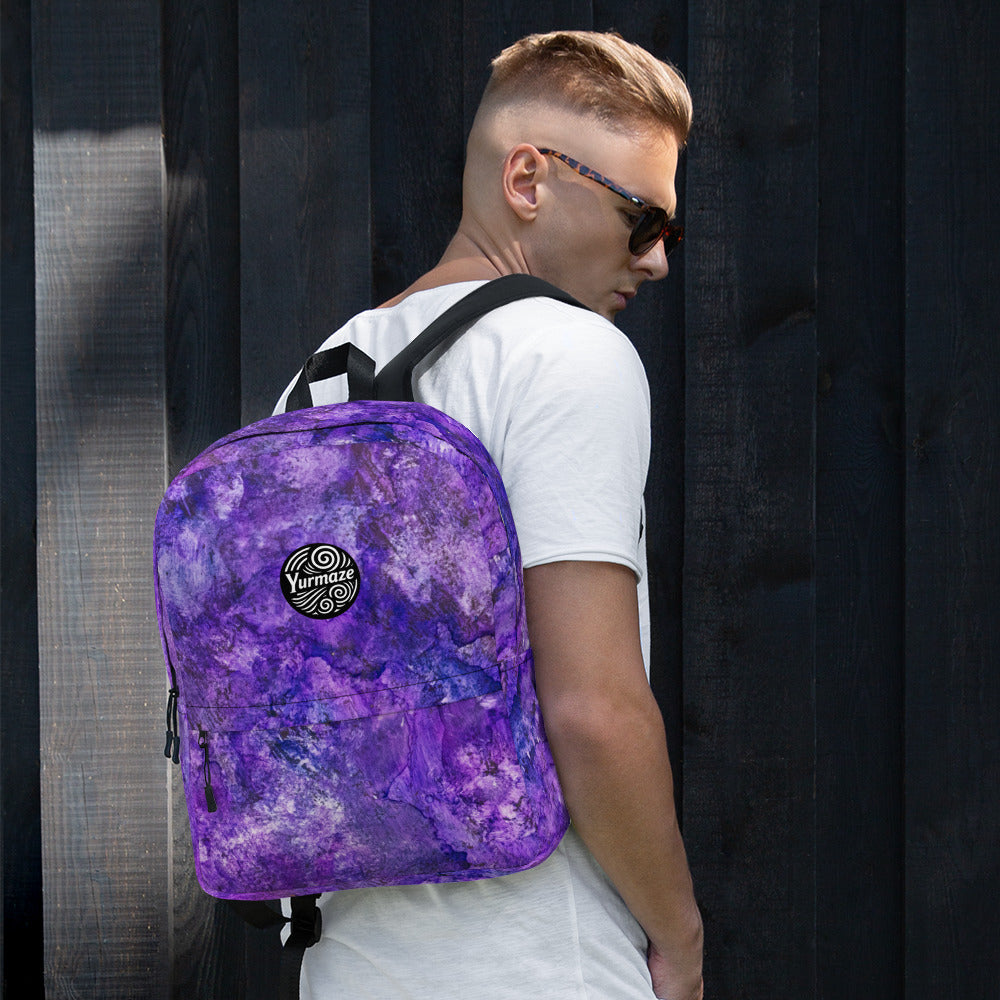 Yurmaze Purple Infusion medium backpack on the move with abstract alcohol ink artwork