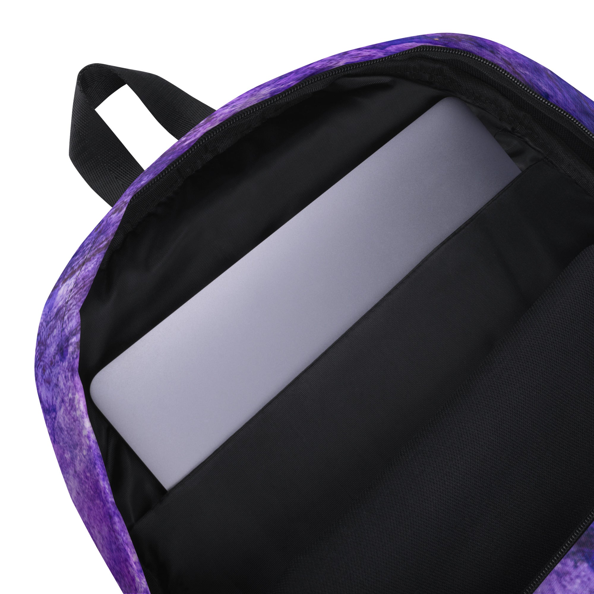 Inside a Yurmaze Purple Infusion medium backpack with abstract alcohol ink artwork