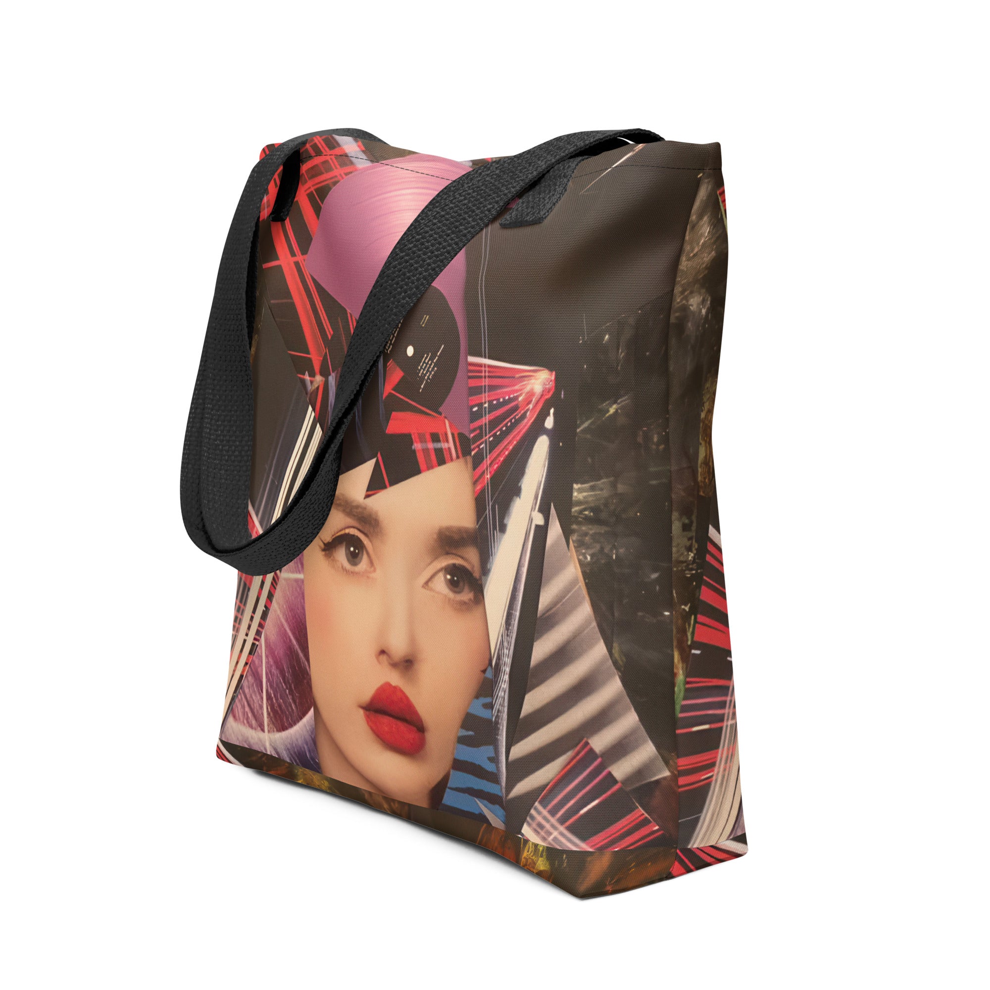 Side view of Yurmaze tote bag with vibrant mixed-media collage design, durable fabric, spacious interior, and comfortable cotton handles – perfect for art lovers and creative style.