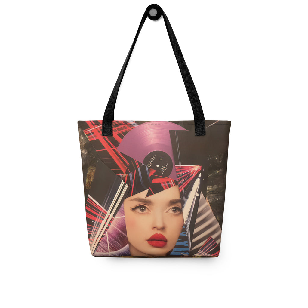 Hung up Yurmaze tote bag with vibrant mixed-media collage design, durable fabric, spacious interior, and comfortable cotton handles – perfect for art lovers and creative style.