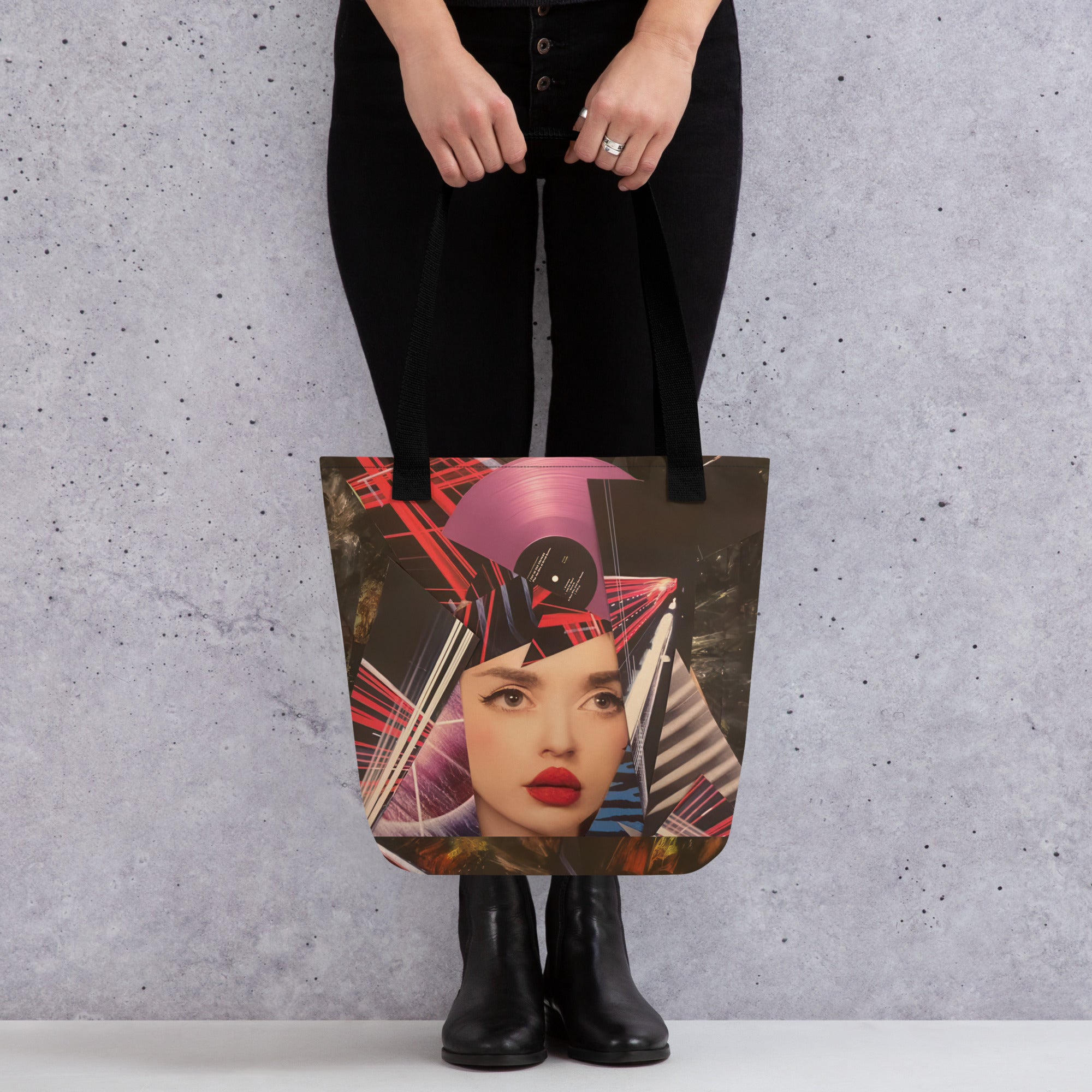 Front view of Yurmaze tote bag with vibrant mixed-media collage design, durable fabric, spacious interior, and comfortable cotton handles – perfect for art lovers and creative style.