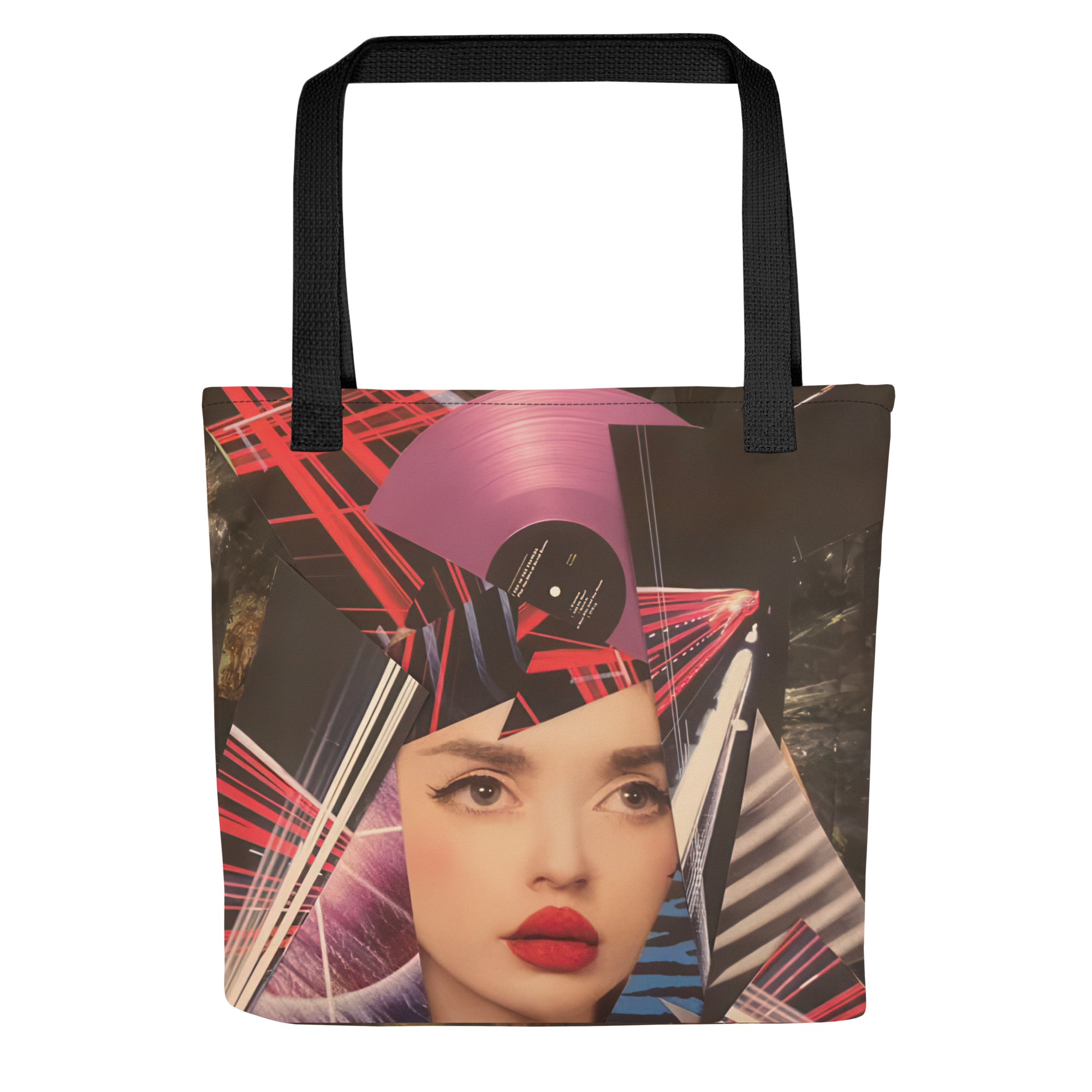 Yurmaze tote bag with vibrant mixed-media collage design, durable fabric, spacious interior, and comfortable cotton handles – perfect for art lovers and creative style.