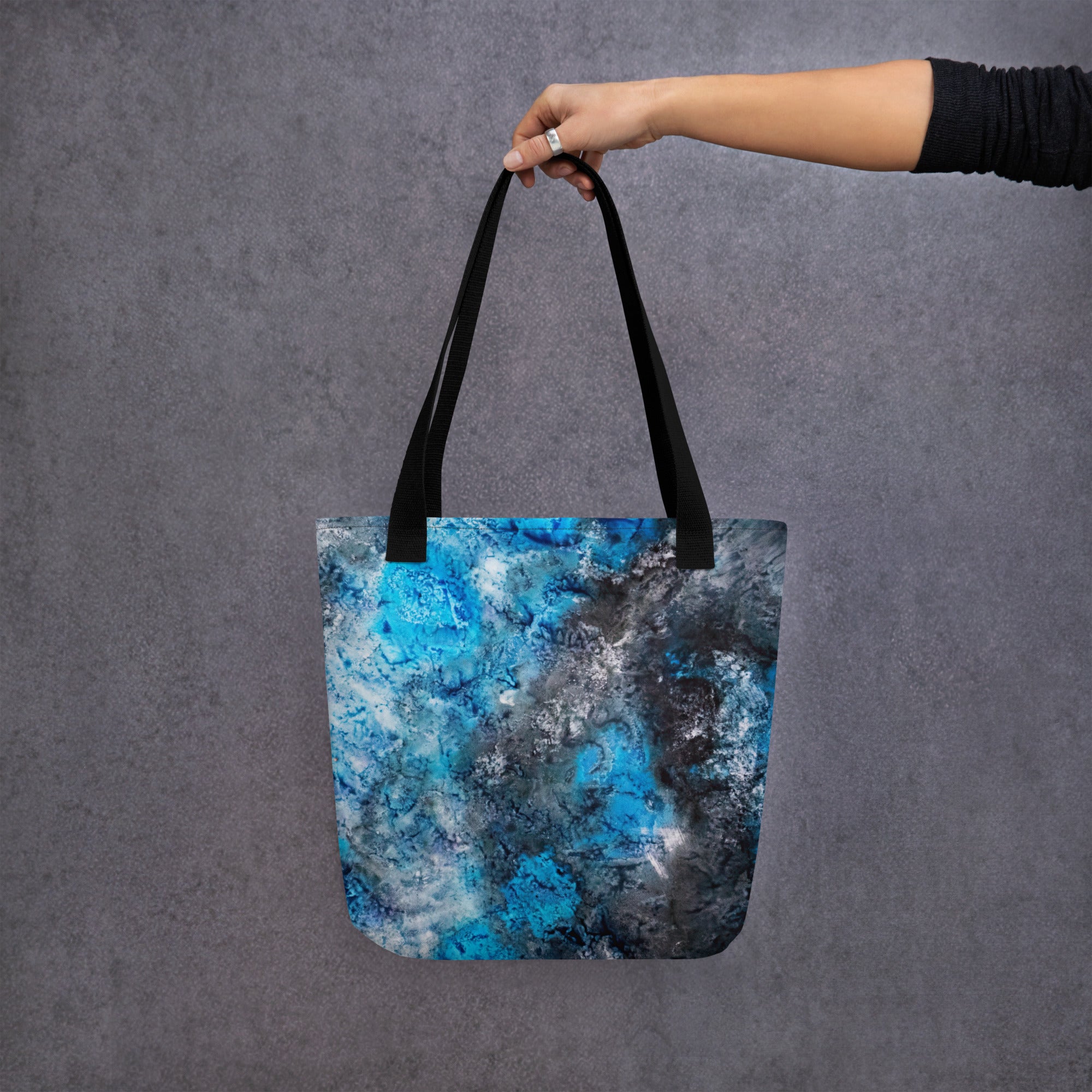 Yurmaze Blue Infusion tote bag with abstract alcohol ink artwork