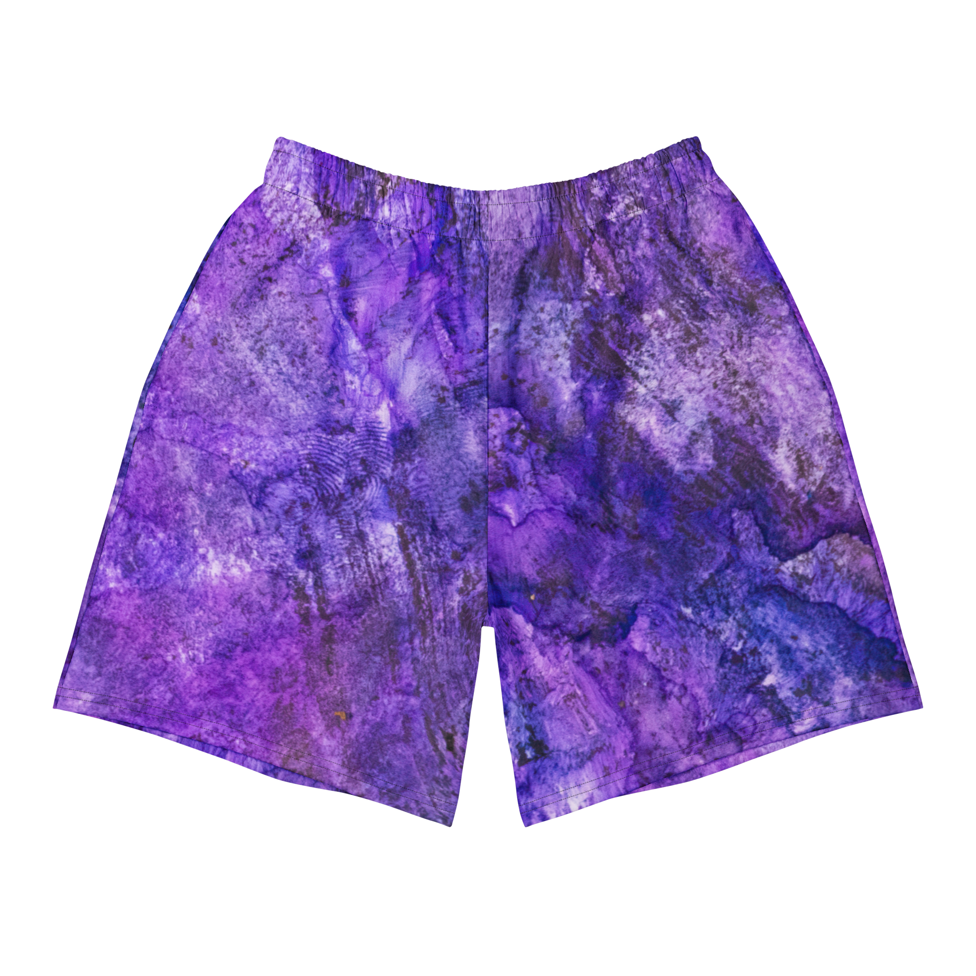 Front view of Yurmaze Purple Infusion eco-friendly sports long shorts with abstract alcohol ink design