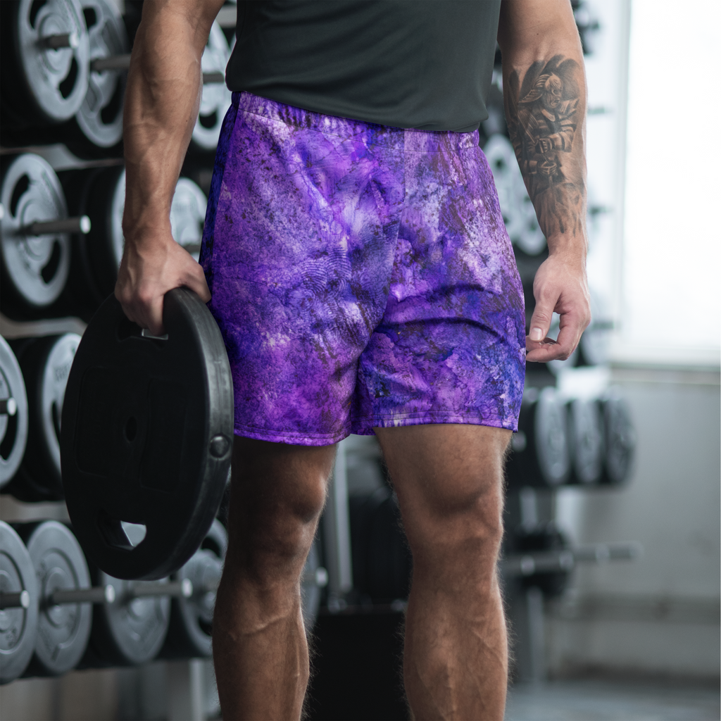 Front view of Yurmaze Purple Infusion eco-friendly sports long shorts with abstract alcohol ink design