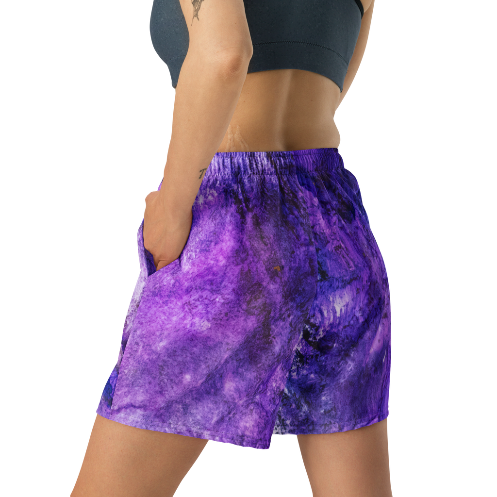 Side view of Yurmaze Purple Infusion eco-friendly sports long shorts with abstract alcohol ink design