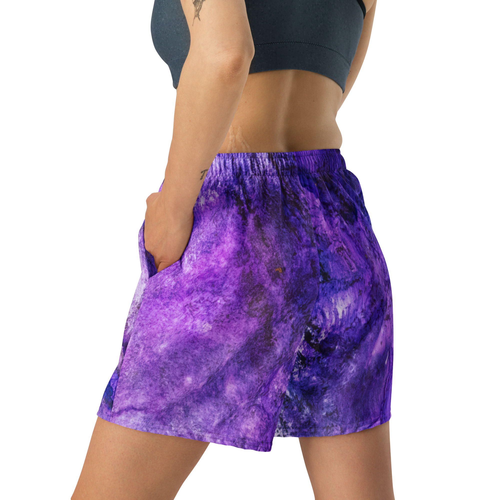Side view of Yurmaze Purple Infusion eco-friendly sports long shorts with abstract alcohol ink design