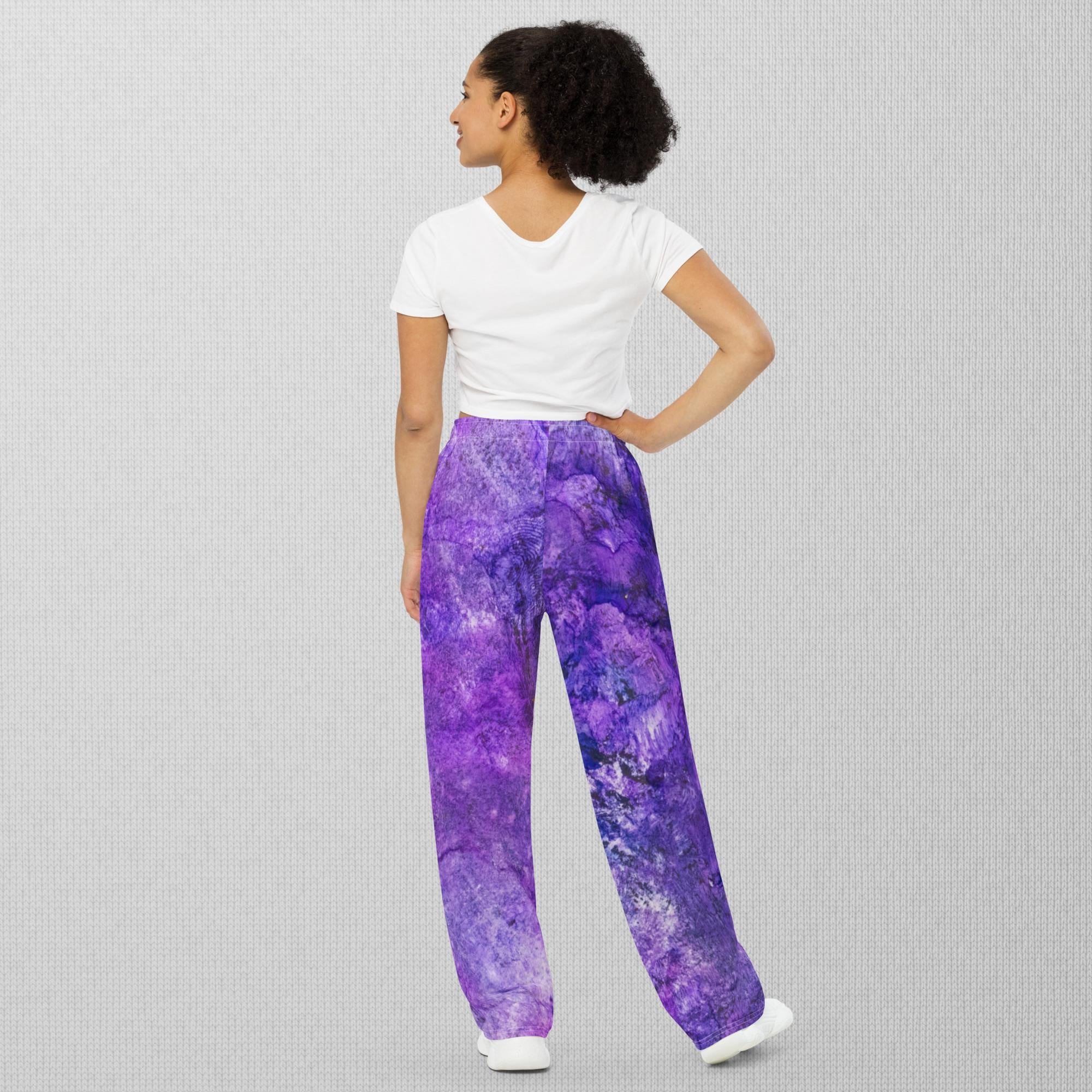 Back view of unisex wide-leg pants with abstract purple alcohol ink print by Yurmaze - Camelia Sinclair