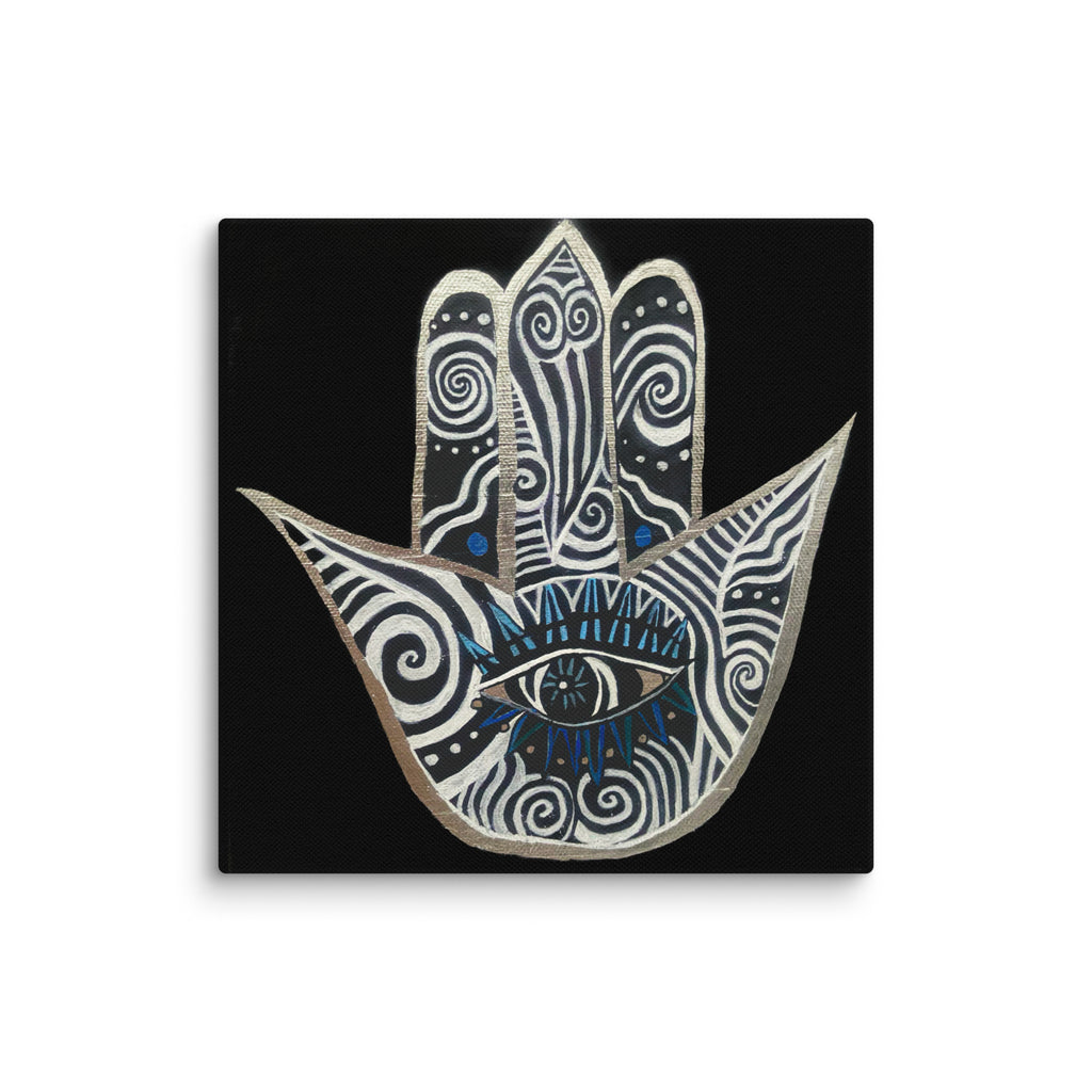 Photo from a distance of Yurmaze Hand of Fatima (Hamsa) canvas wall art with intricate flowing lines and eye motif, symbolic home décor, fade-resistant, ready to hang.