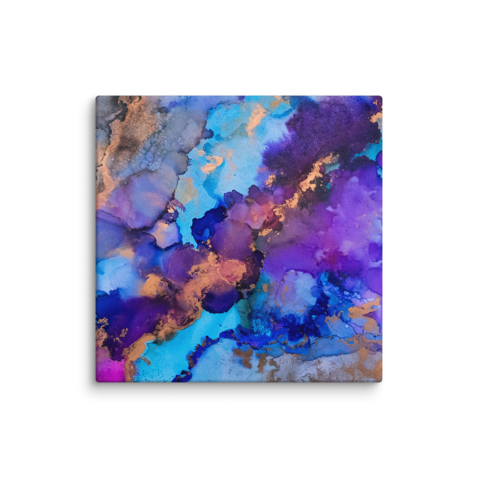 Abstract canvas print featuring alcohol ink design by Yurmaze in blue, purple, and gold tones, displayed as modern wall art in a minimal interior.