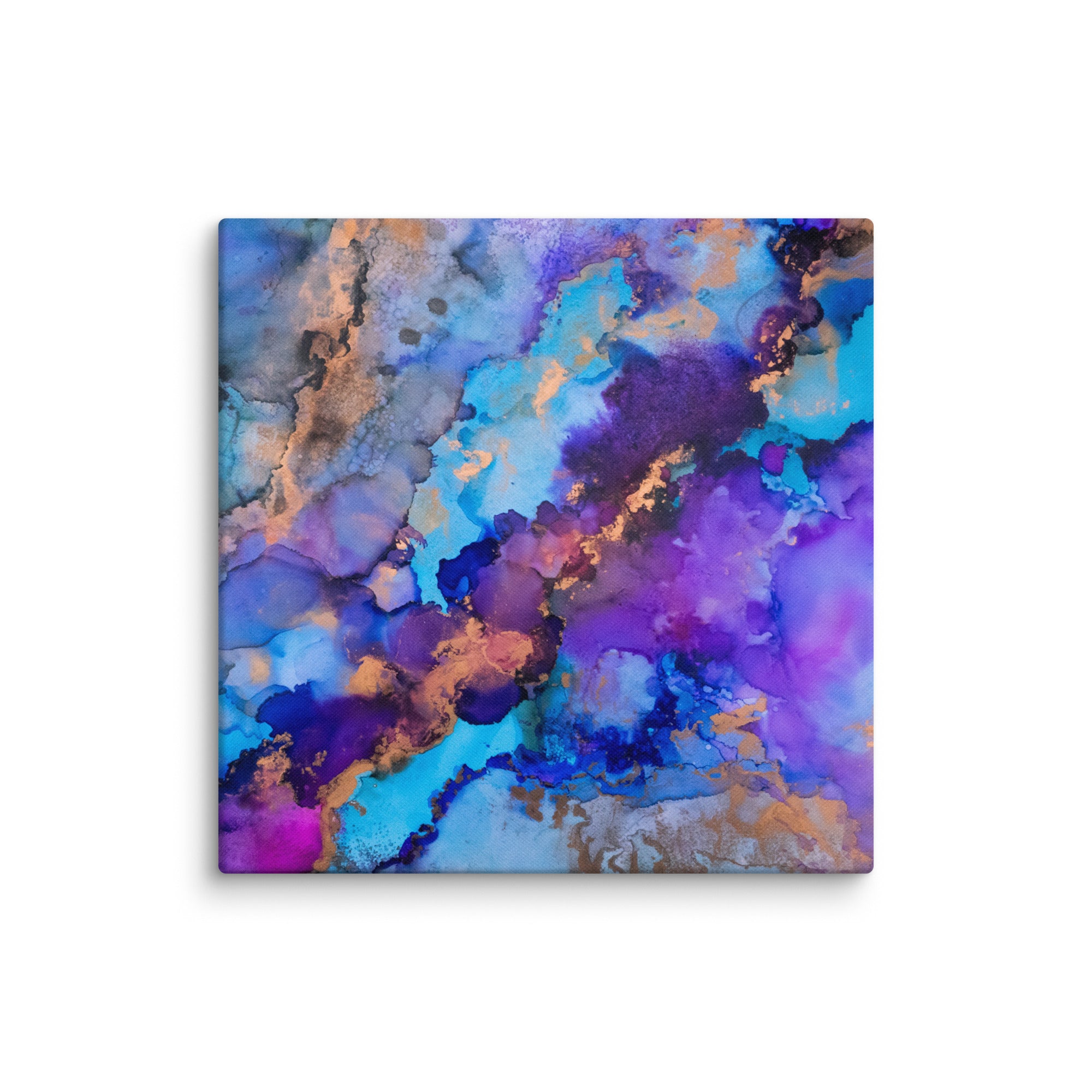 Abstract canvas print featuring alcohol ink design by Yurmaze in blue, purple, and gold tones, displayed as modern wall art in a minimal interior.