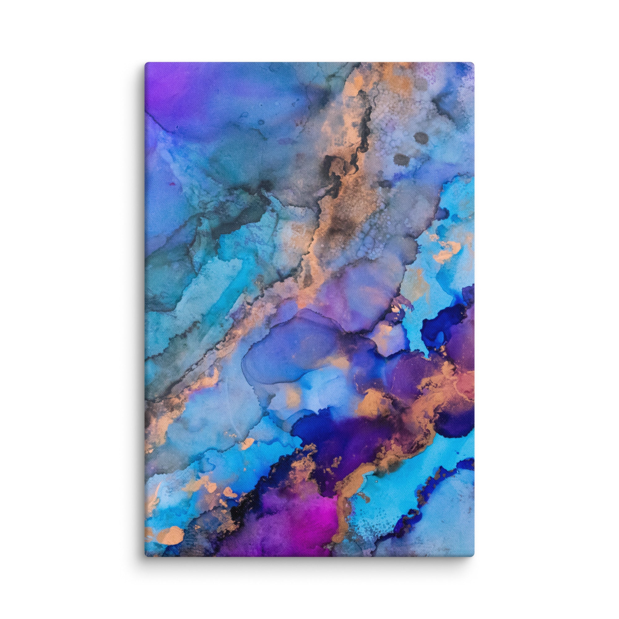 Abstract canvas print featuring alcohol ink design by Yurmaze in blue, purple, and gold tones, displayed as modern wall art in a minimal interior.