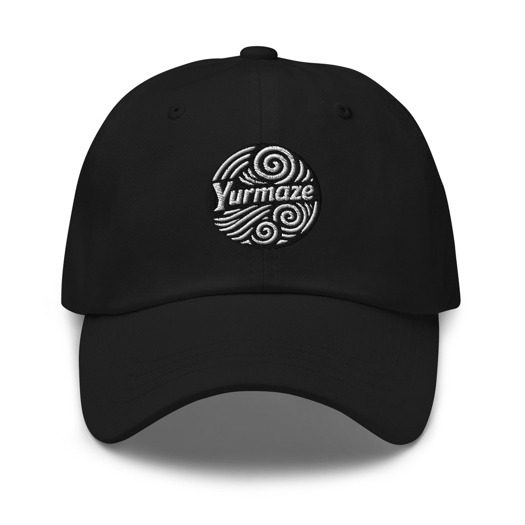 Front view of Yurmaze Dad Hat with original spiral artwork, low-profile 6-panel design, adjustable strap with antique buckle – wearable art among creative hats.