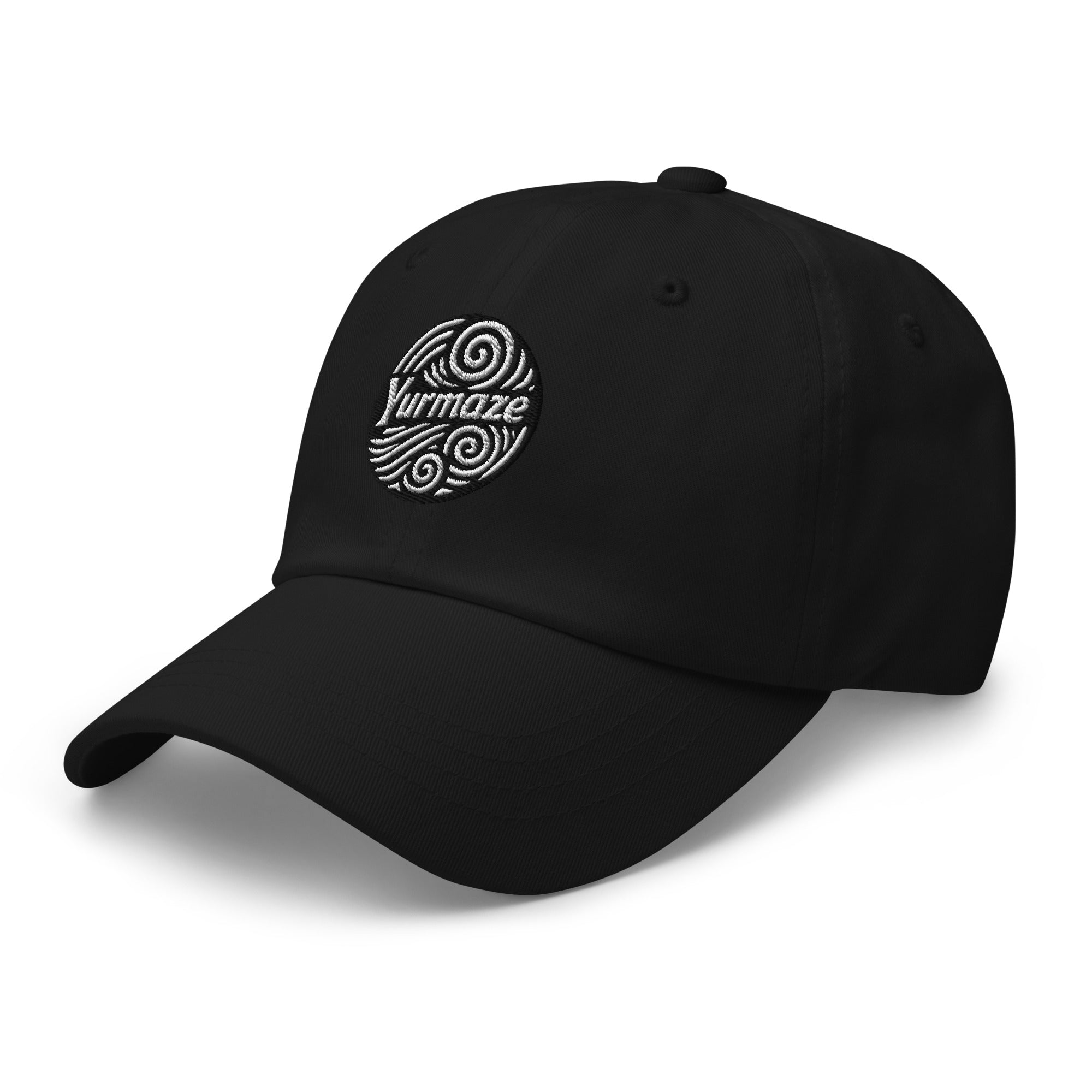 Other side front view of Yurmaze Dad Hat with original spiral artwork, low-profile 6-panel design, adjustable strap with antique buckle – wearable art among creative hats.