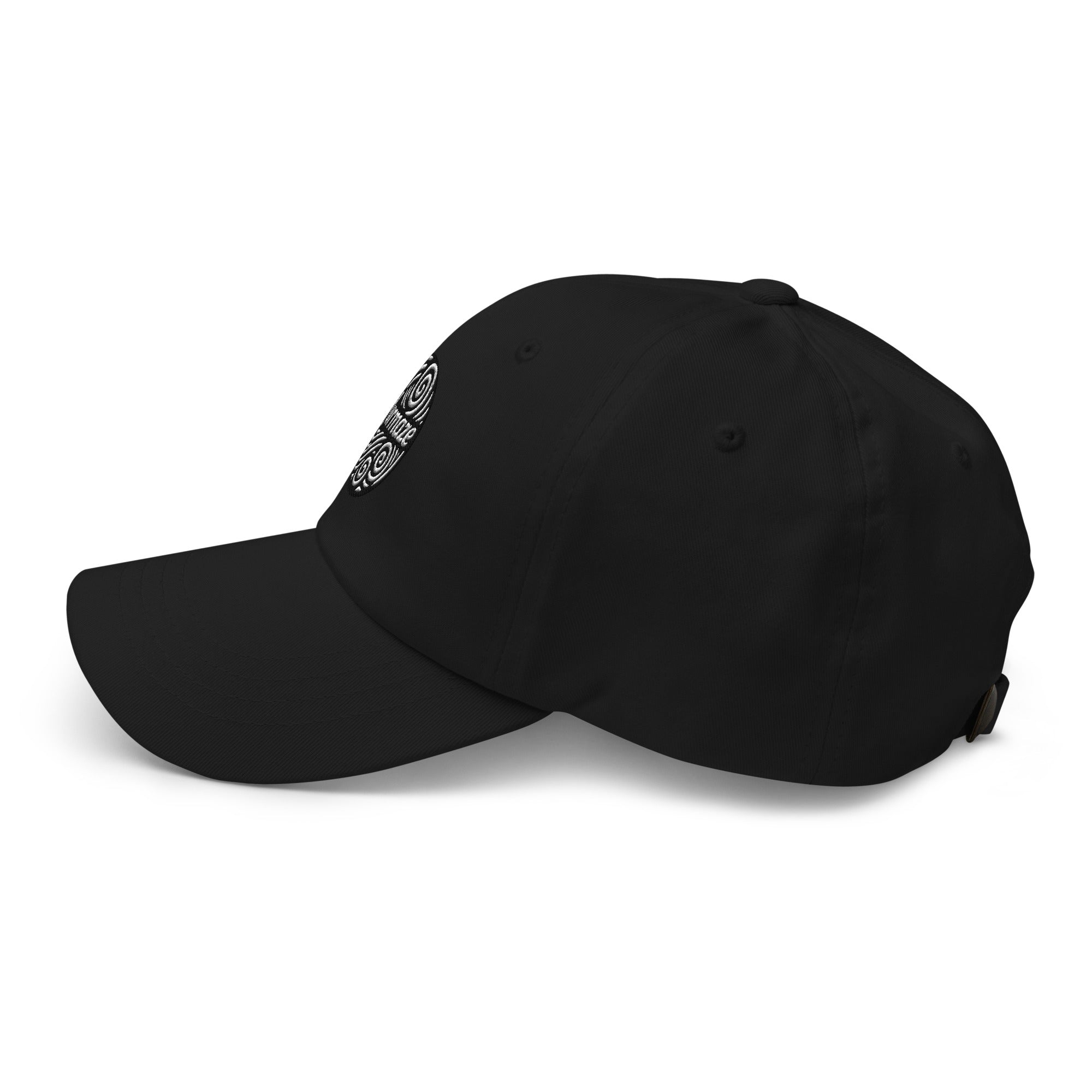 Other side of Yurmaze Dad Hat with original spiral artwork, low-profile 6-panel design, adjustable strap with antique buckle – wearable art among creative hats.
