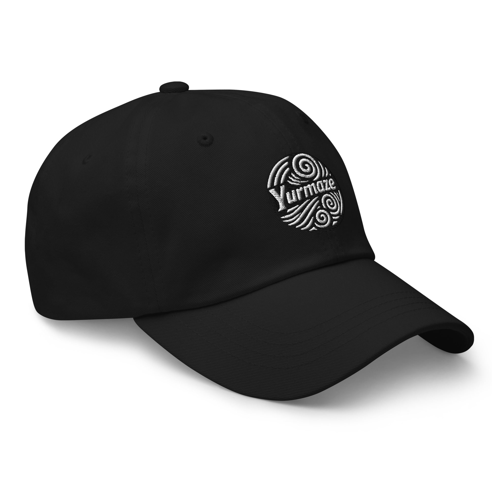 Front side view of Yurmaze Dad Hat with original spiral artwork, low-profile 6-panel design, adjustable strap with antique buckle – wearable art among creative hats.