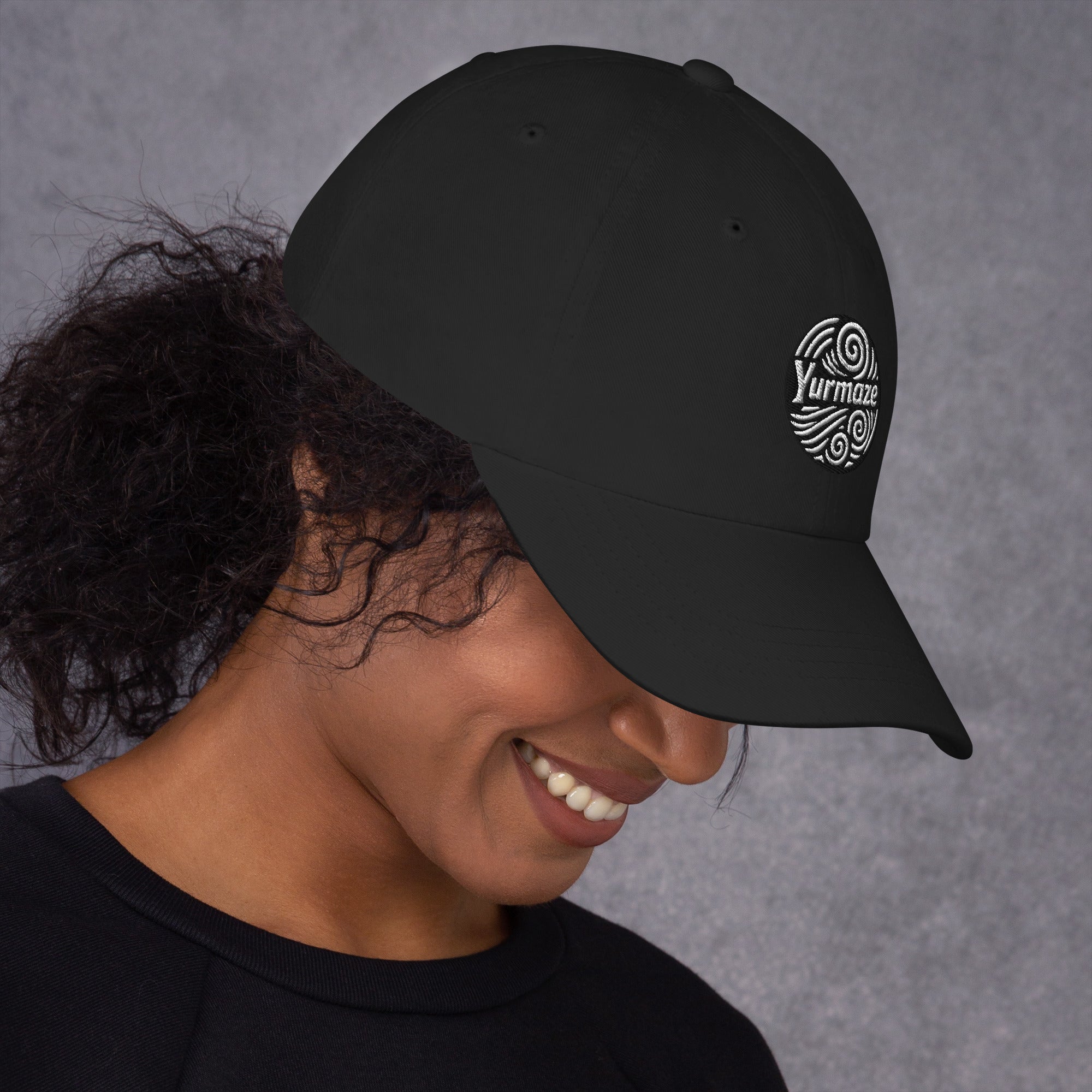 Side view of Yurmaze Dad Hat with original spiral artwork, low-profile 6-panel design, adjustable strap with antique buckle – wearable art among creative hats.