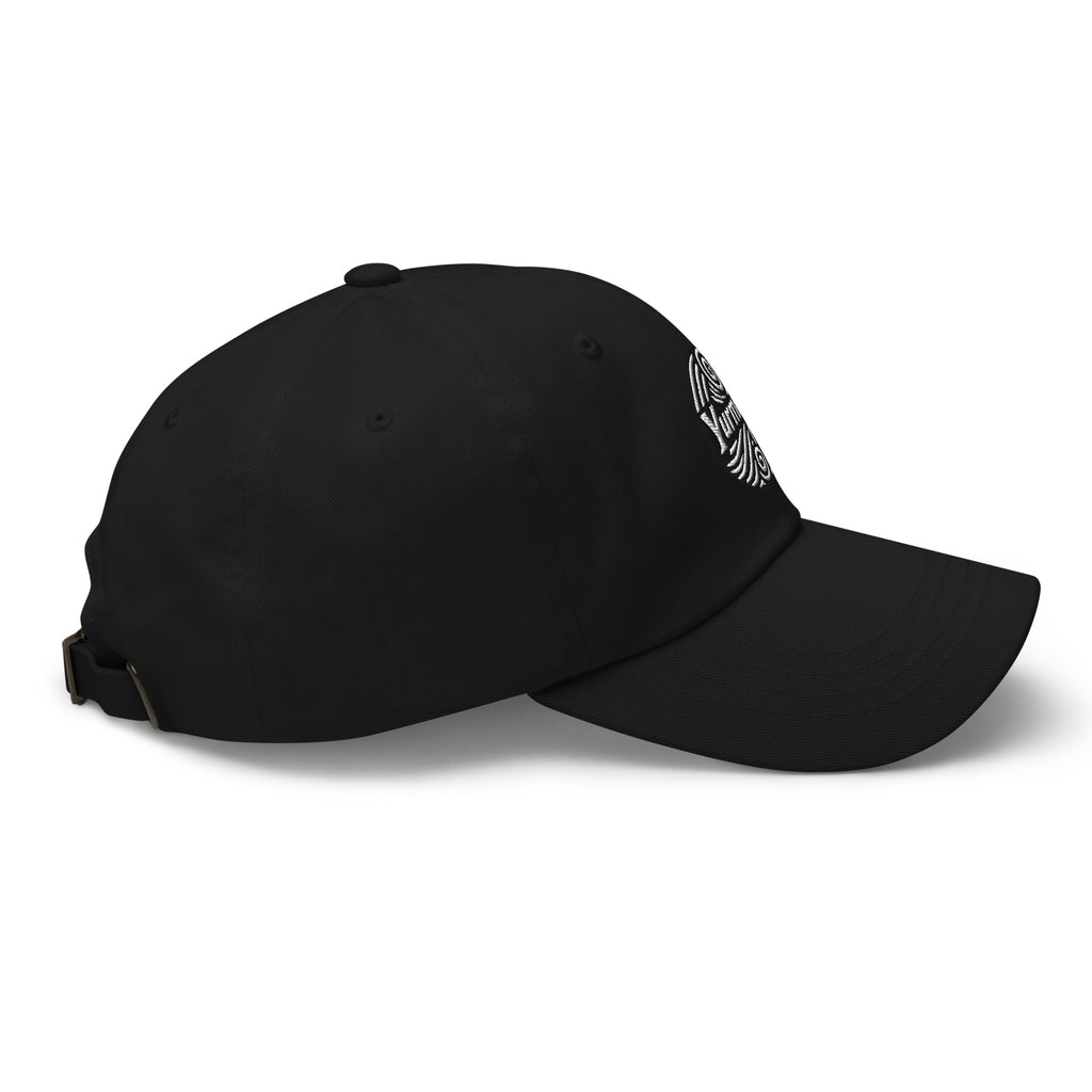 Side of Yurmaze Dad Hat with original spiral artwork, low-profile 6-panel design, adjustable strap with antique buckle – wearable art among creative hats.