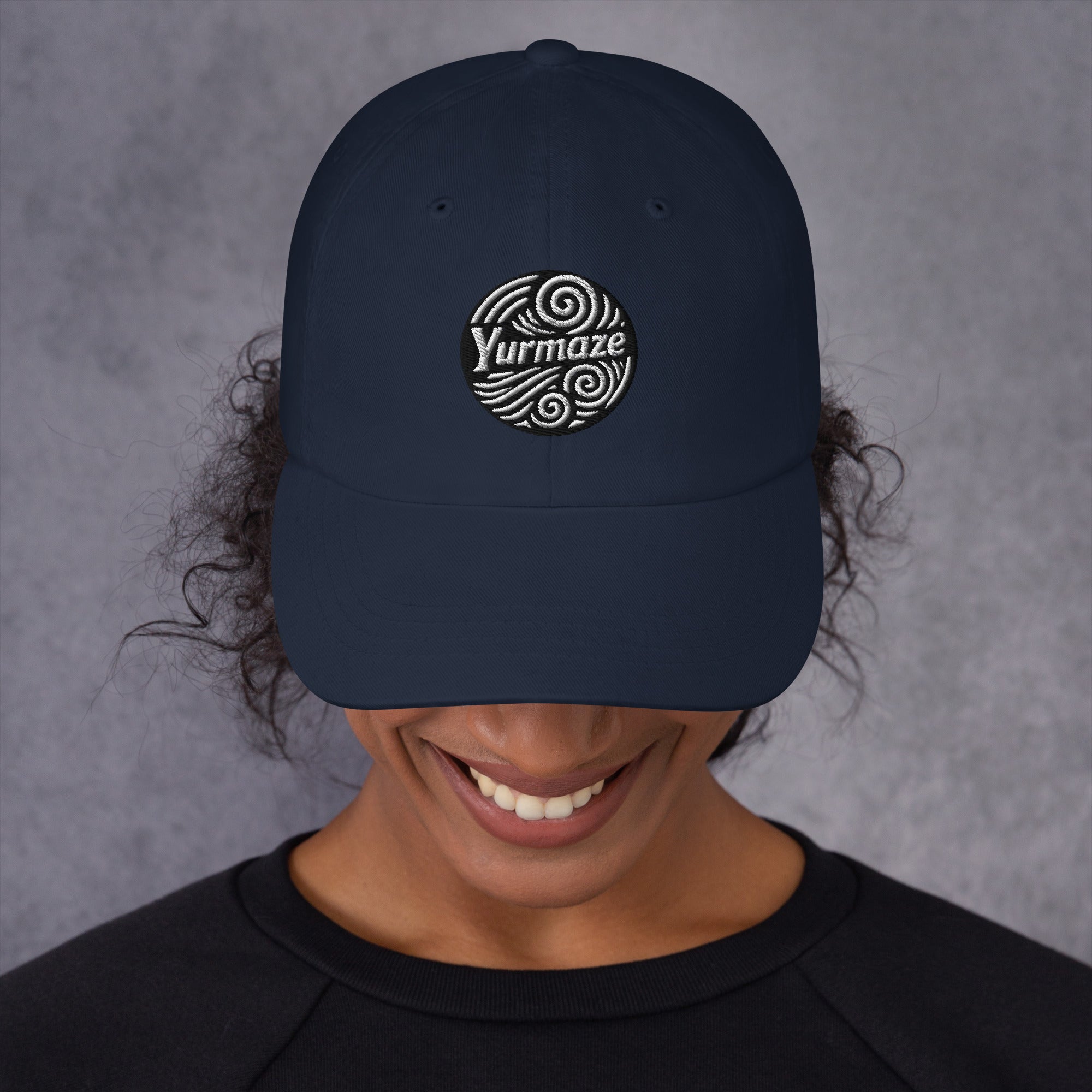 Birds eye view of a Yurmaze Dad Hat with original spiral artwork, low-profile 6-panel design, adjustable strap with antique buckle – wearable art among creative hats.