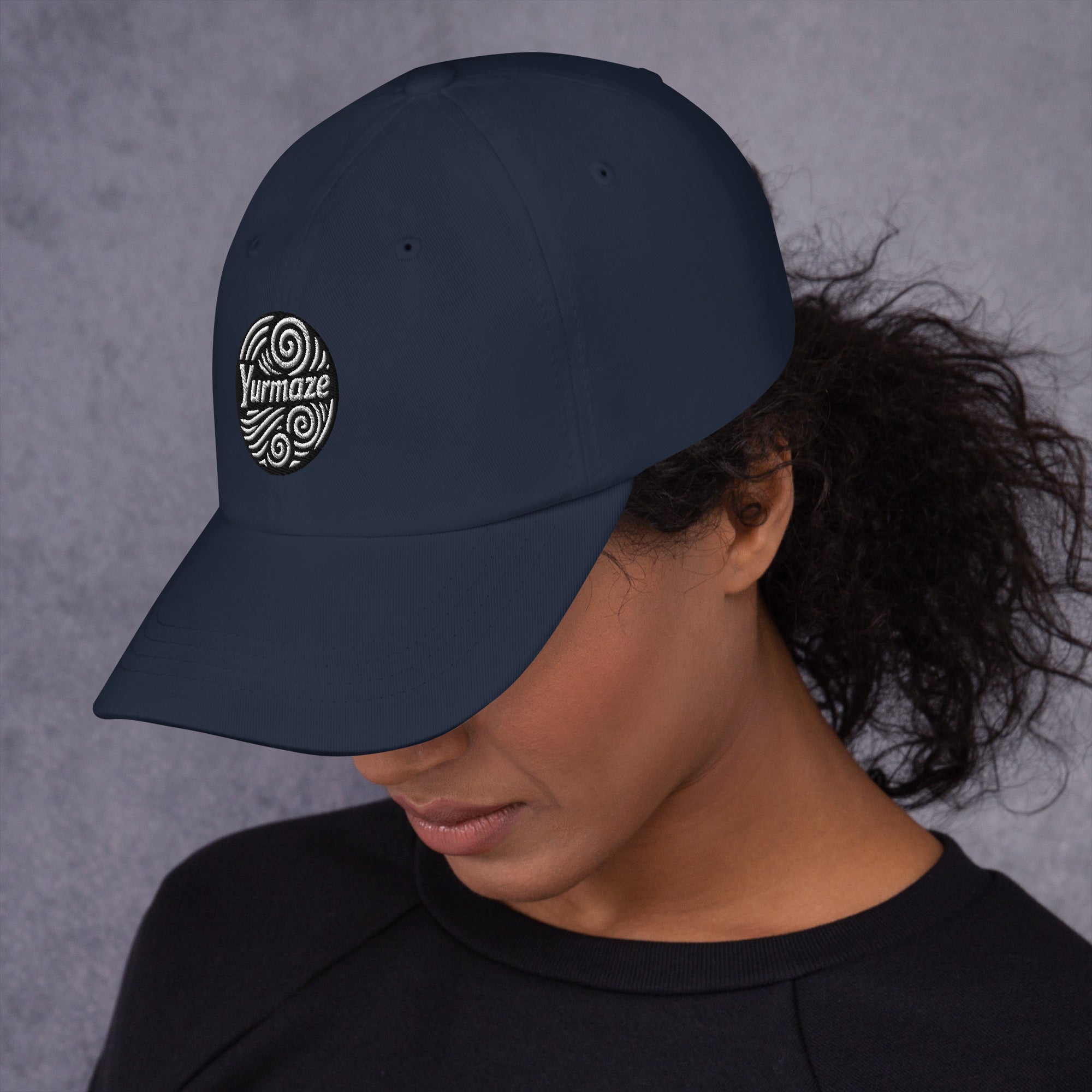 side head down Yurmaze Dad Hat with original spiral artwork, low-profile 6-panel design, adjustable strap with antique buckle – wearable art among creative hats.