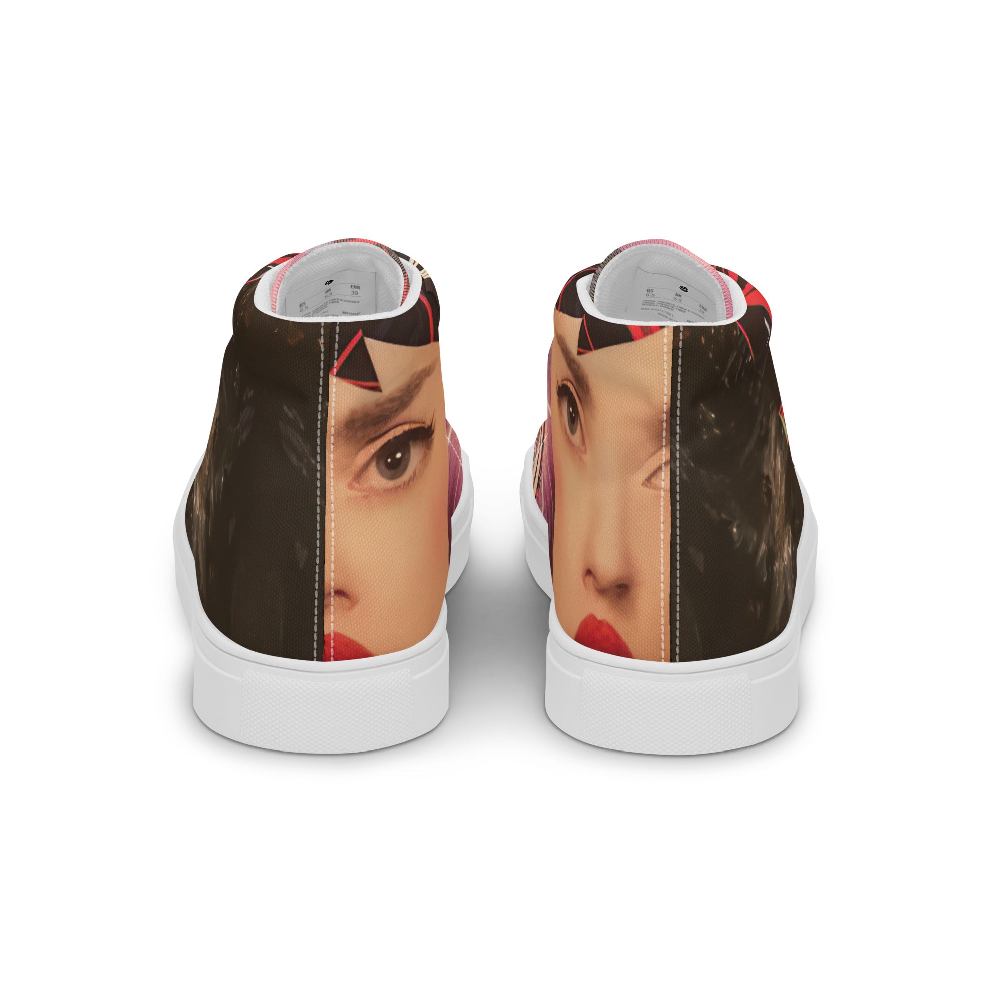 Back view of Yurmaze High Top Canvas Shoes with vibrant neon collage artwork, lightweight canvas, cushioned interior, and flexible rubber sole – wearable art for creative style.