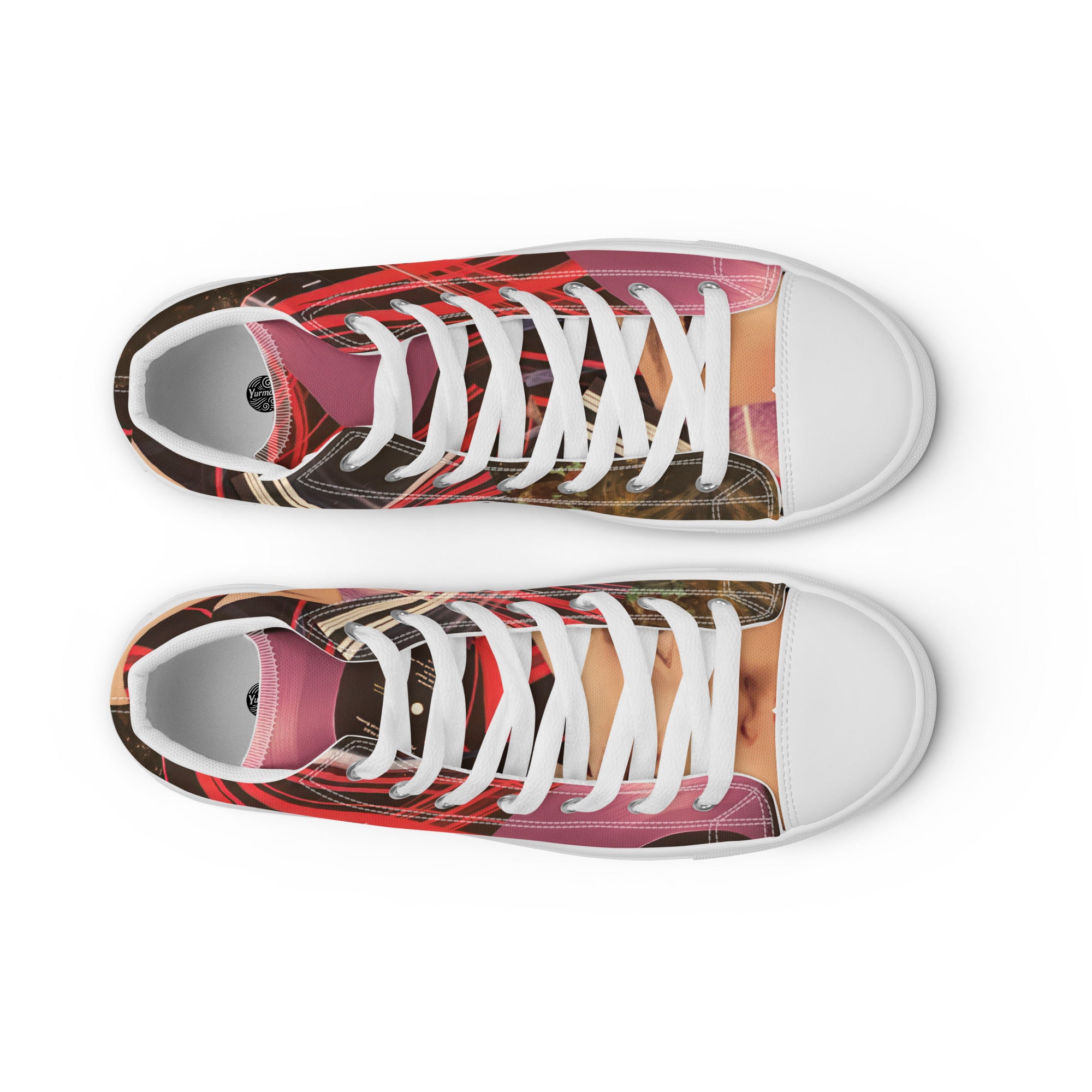 Birds eye view of Yurmaze High Top Canvas Shoes with vibrant neon collage artwork, lightweight canvas, cushioned interior, and flexible rubber sole – wearable art for creative style.