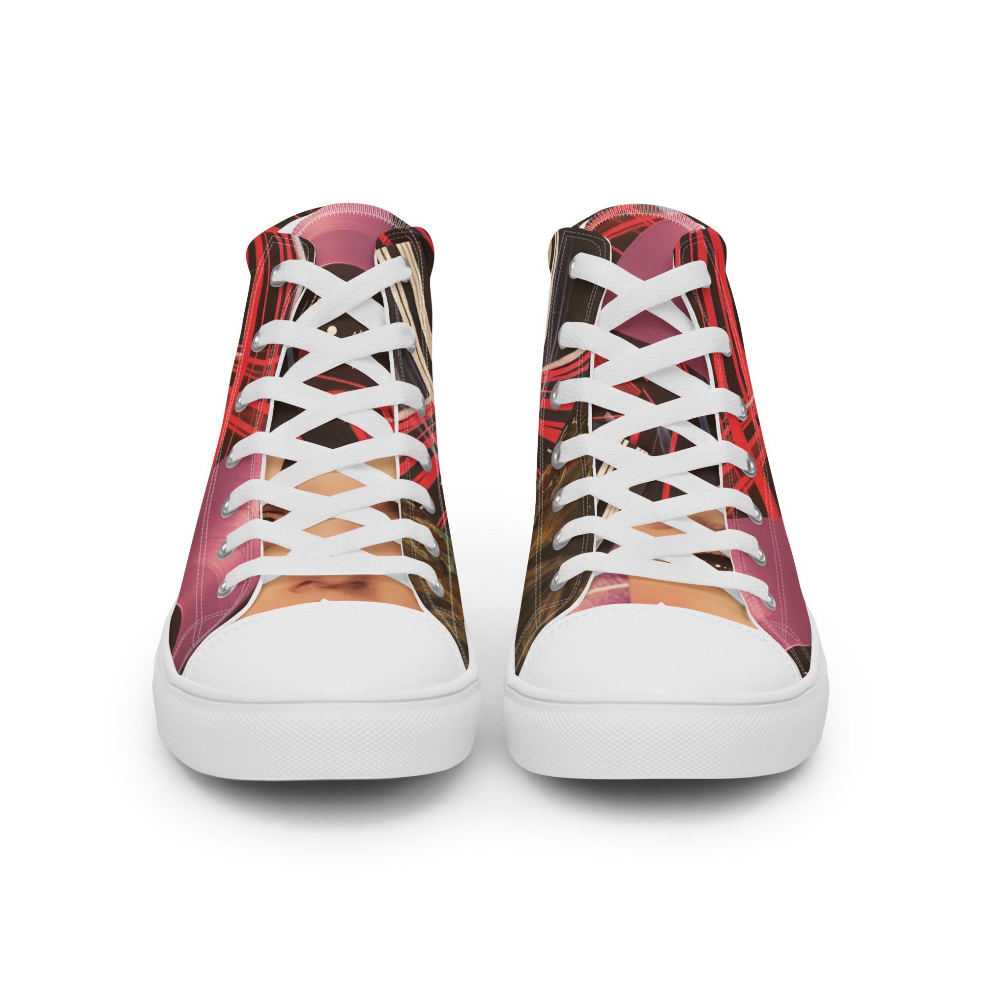 Front view of Yurmaze High Top Canvas Shoes with vibrant neon collage artwork, lightweight canvas, cushioned interior, and flexible rubber sole – wearable art for creative style.