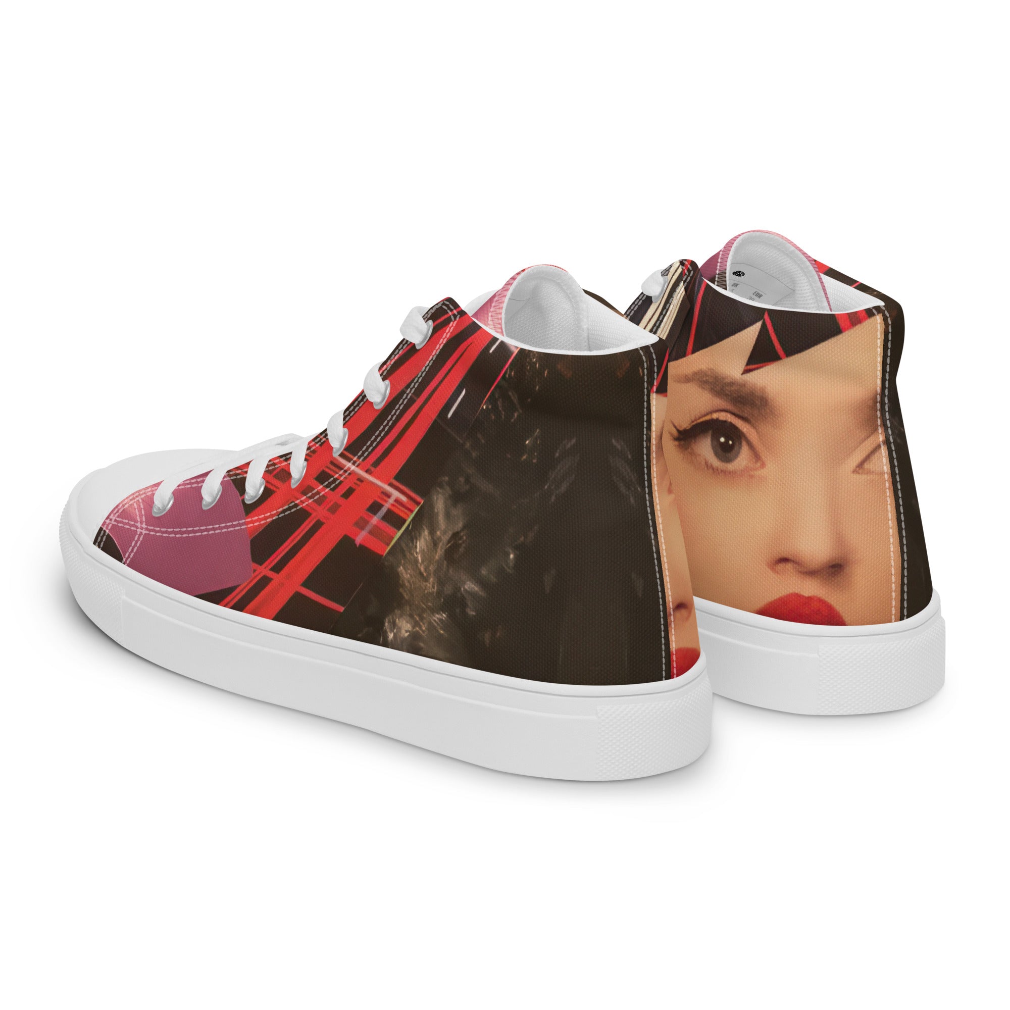 Side view of Yurmaze High Top Canvas Shoes with vibrant neon collage artwork, lightweight canvas, cushioned interior, and flexible rubber sole – wearable art for creative style.