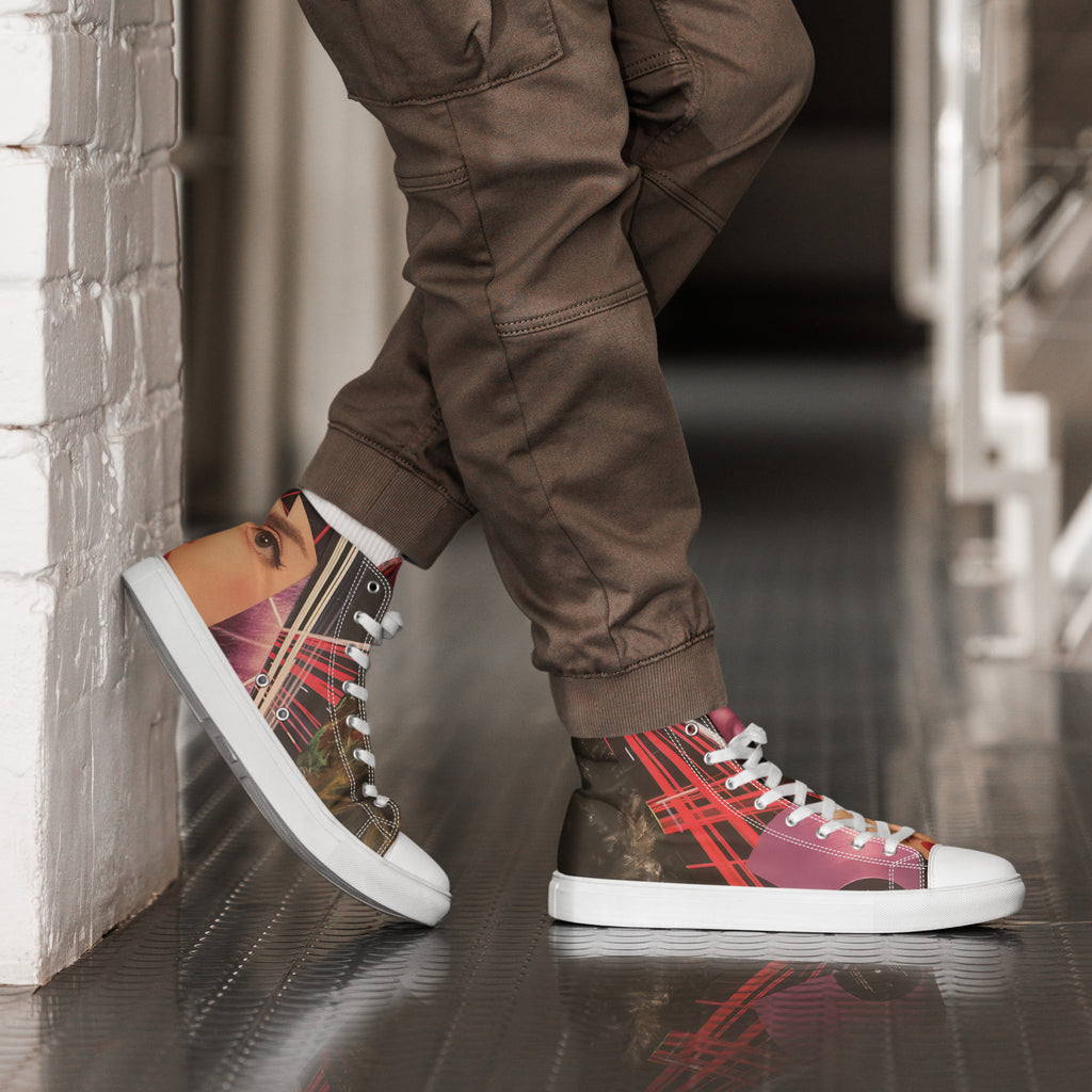 Yurmaze High Top Canvas Shoes from the side with vibrant neon collage artwork, lightweight canvas, cushioned interior, and flexible rubber sole – wearable art for creative style.