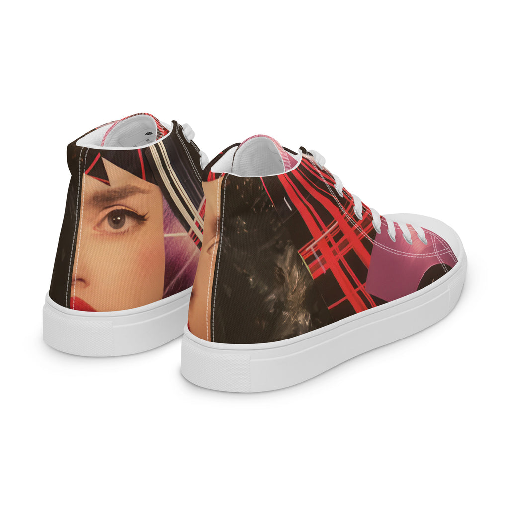 Back side view of Yurmaze High Top Canvas Shoes with vibrant neon collage artwork, lightweight canvas, cushioned interior, and flexible rubber sole – wearable art for creative style.