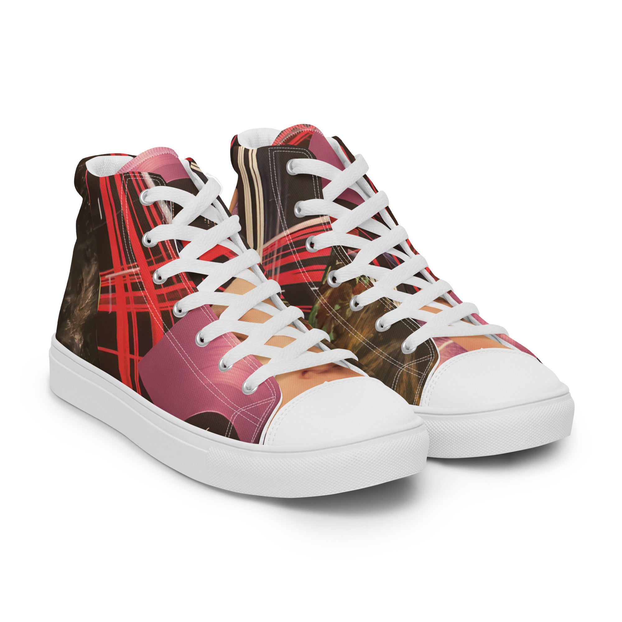 Close up of Yurmaze High Top Canvas Shoes with vibrant neon collage artwork, lightweight canvas, cushioned interior, and flexible rubber sole – wearable art for creative style.