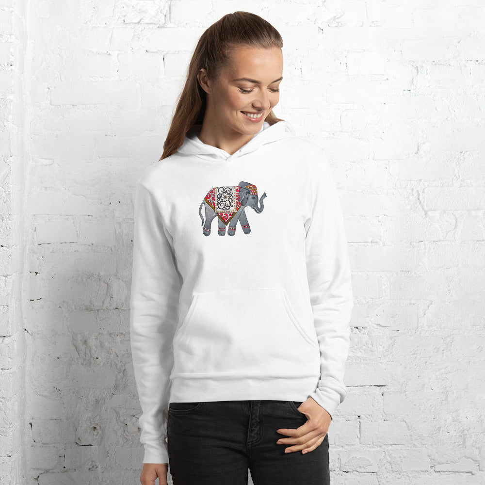 Soft unisex fleece hoodie featuring a detailed elephant design by Yurmaze, with custom hoodie printing and personalisation options.