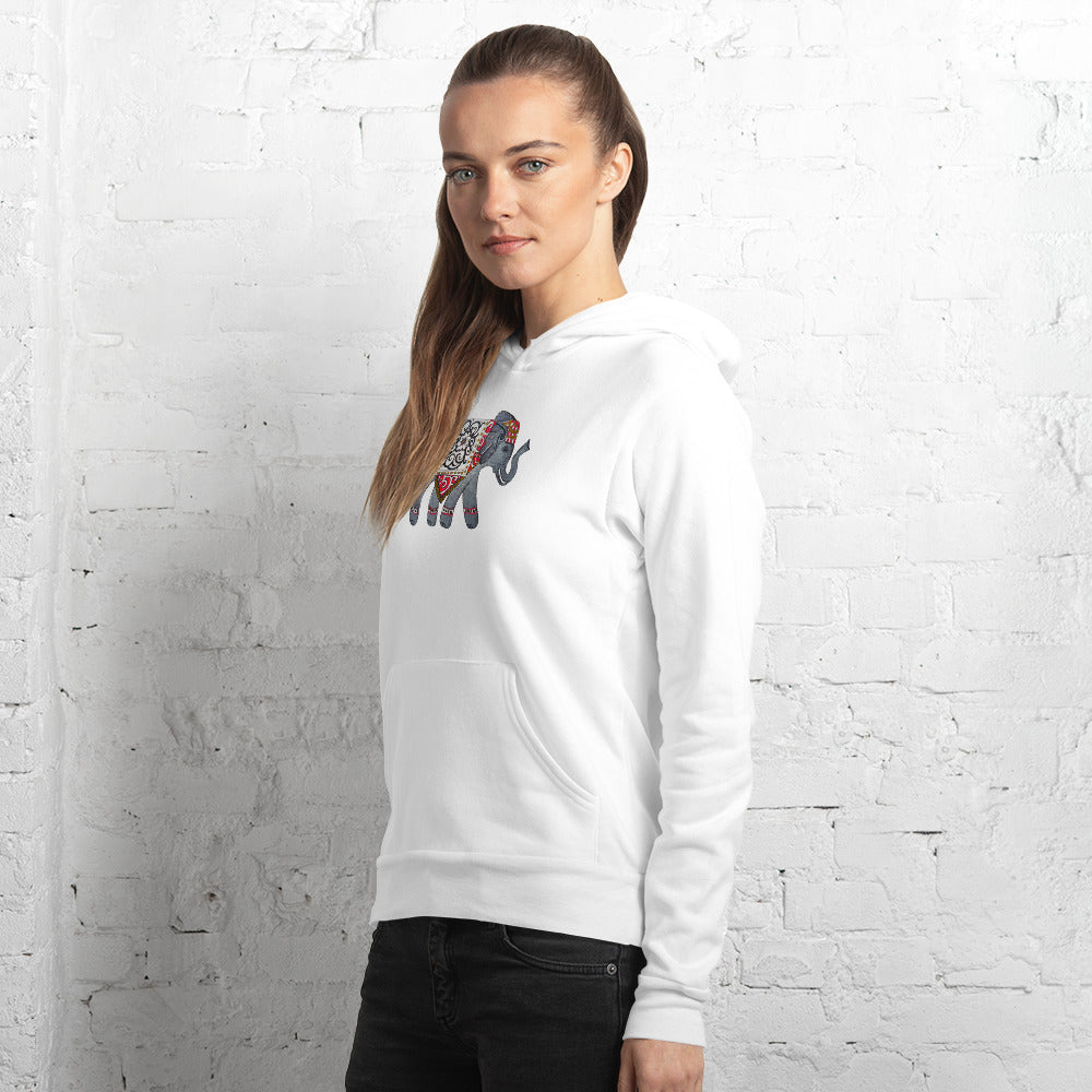 Soft unisex fleece hoodie featuring a detailed elephant design by Yurmaze, with custom hoodie printing and personalisation options.
