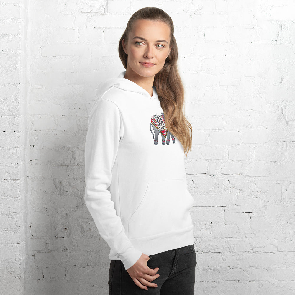 Soft unisex fleece hoodie featuring a detailed elephant design by Yurmaze, with custom hoodie printing and personalisation options.