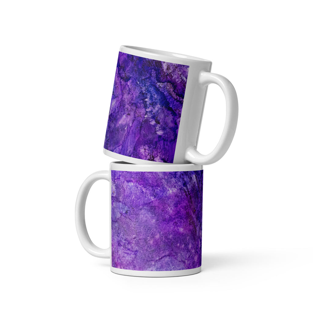 Stacked Yurmaze Purple Infusion ceramic mugs with abstract alcohol ink design