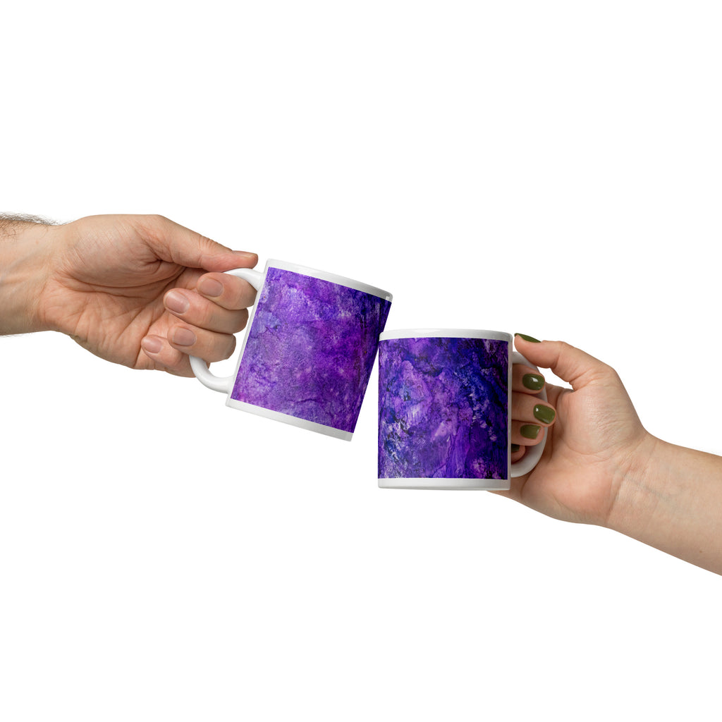 Cheers with Yurmaze Purple Infusion ceramic mugs with abstract alcohol ink design