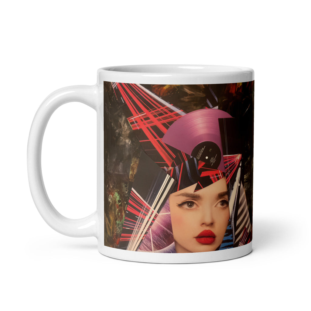 Up close Yurmaze ceramic mug with original abstract artwork, glossy finish, 11 oz, dishwasher and microwave safe – ideal for coffee, tea, or gifting to art lovers.