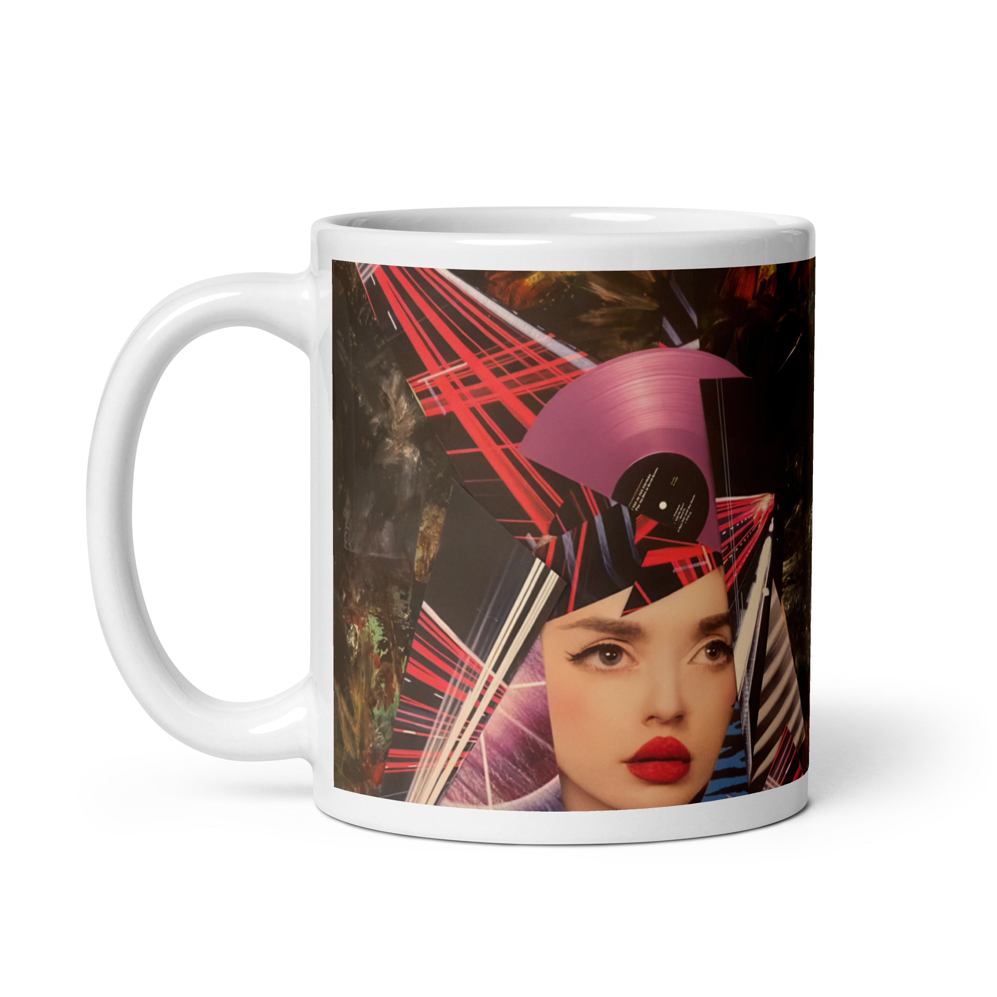 Up close Yurmaze ceramic mug with original abstract artwork, glossy finish, 11 oz, dishwasher and microwave safe – ideal for coffee, tea, or gifting to art lovers.