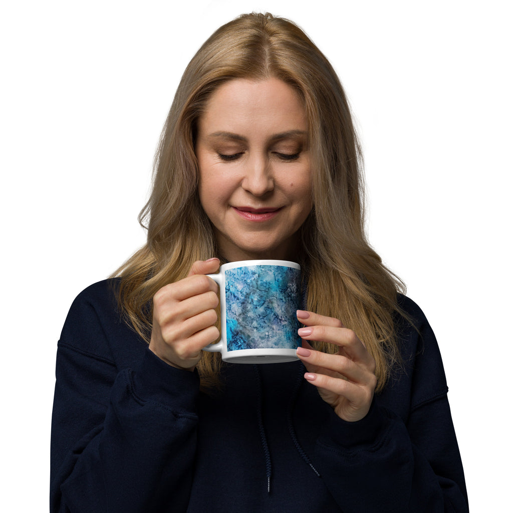 Yurmaze Blue Infusion ceramic mug with abstract alcohol ink design